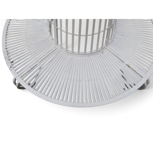 2029 - A 20TH CENTURY WHITE PAINTED CAST METAL CIRCULAR TREE SURROUND GARDEN BENCH&nbsp;with scrolled surmo... 