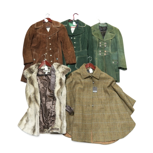 8038 - A vintage brown suede coat with contrast stitching, two similar green suede coats, a Peter James woo... 