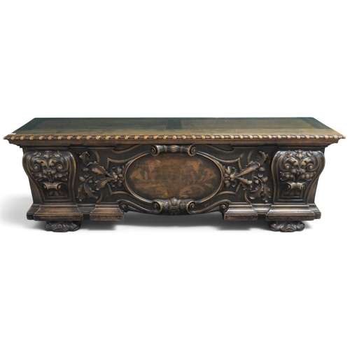 1 - A large 20th century continental style kist with rectangular hinged top with gadrooned edge over ela... 