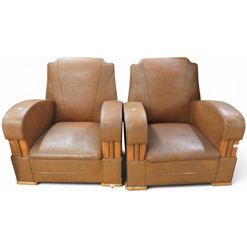 17 - A pair of early 20th century brown Rexine upholstered Art Deco style club armchairs, 78cm high x 80c... 