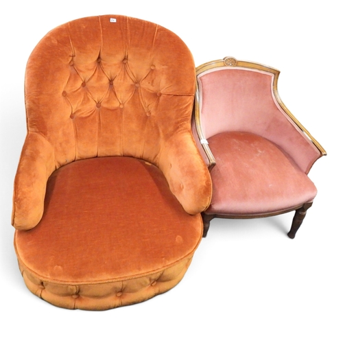 20 - A lot comprising late 19th century button upholstered armchair on turned supports and a later pink v... 