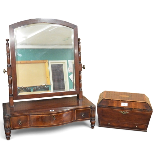 29 - A lot comprising a 19th century mahogany and fruitwood veneered sarcophagus form jewellery box and a... 