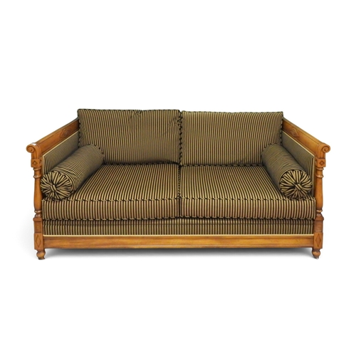 3 - A contemporary Balzarotti of Paris walnut framed French Empire style three seater settee with black ... 