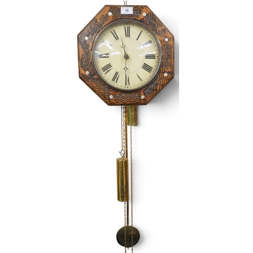 39 - An early 20th century beech mother of pearl inlaid Wag at the Wa clock with white dial bearing Roman... 