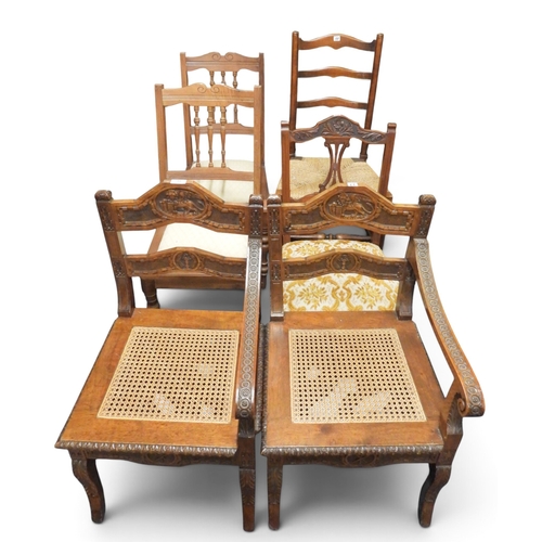 55 - A lot comprising a pair of late 19th century oak framed single arm gossip chairs with carved backres... 