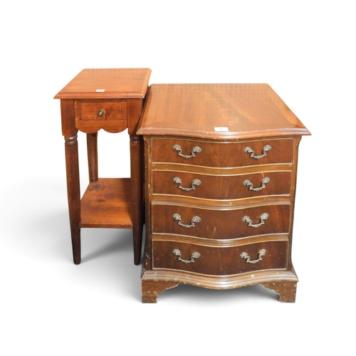 57 - A lot comprising a 20th century mahogany veneered serpentine front chest of four drawers on bracket ... 