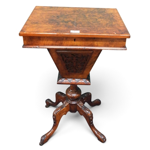 6 - A Victorian burr maple veneered sewing/work table, rectangular top concealing later writing skiver o... 