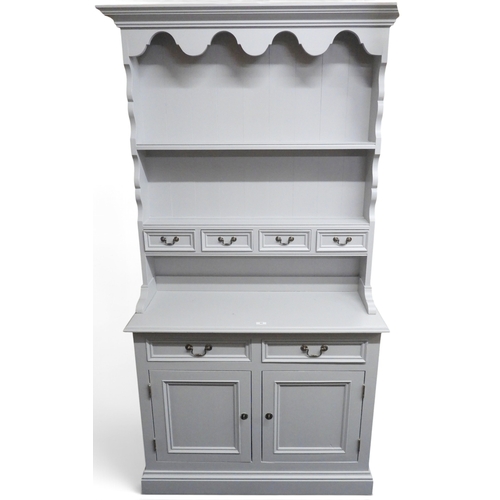 60 - A contemporary powder blue painted kitchen dresser with four drawer plate rack over base unit with t... 