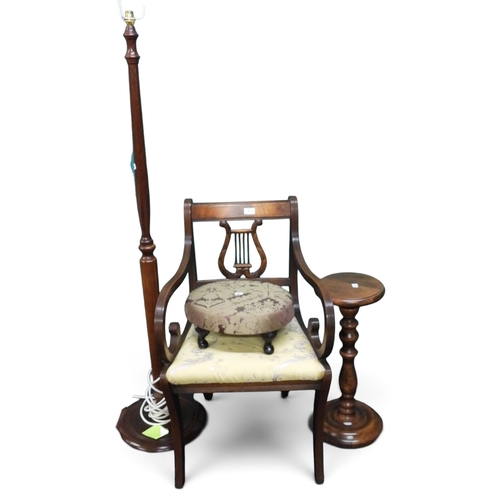 8 - A mixed lot to include lyre backed regency style armchair, mahogany standard lamp, turned jardiniere... 