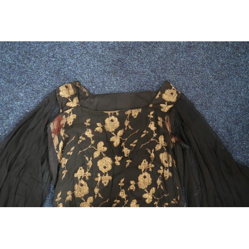 8006 - A 1920s black chiffon evening dress woven with metallic threads in floral design, with chiffon hangi... 