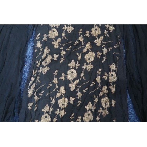 8006 - A 1920s black chiffon evening dress woven with metallic threads in floral design, with chiffon hangi... 