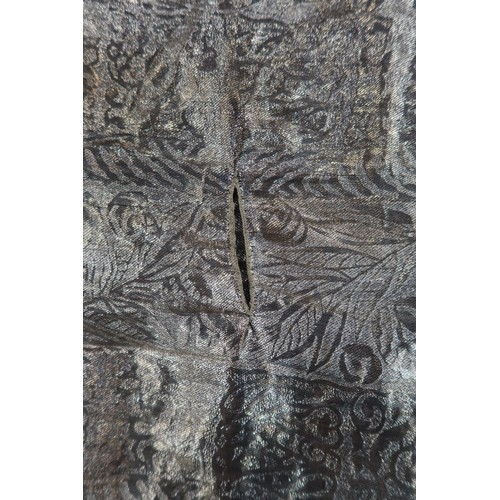 8006 - A 1920s black chiffon evening dress woven with metallic threads in floral design, with chiffon hangi... 