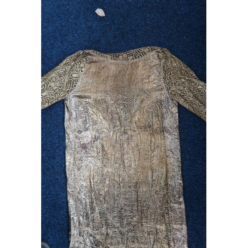 8006 - A 1920s black chiffon evening dress woven with metallic threads in floral design, with chiffon hangi... 