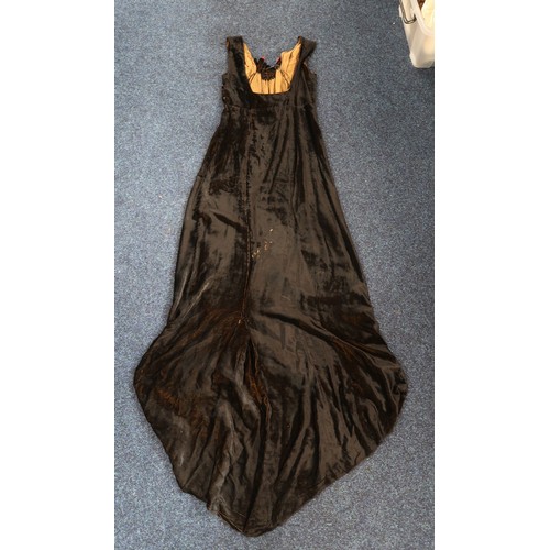 8007 - A 1930s black nacré velvet evening gown with applied velvet flower corsage by Reville London; togeth... 