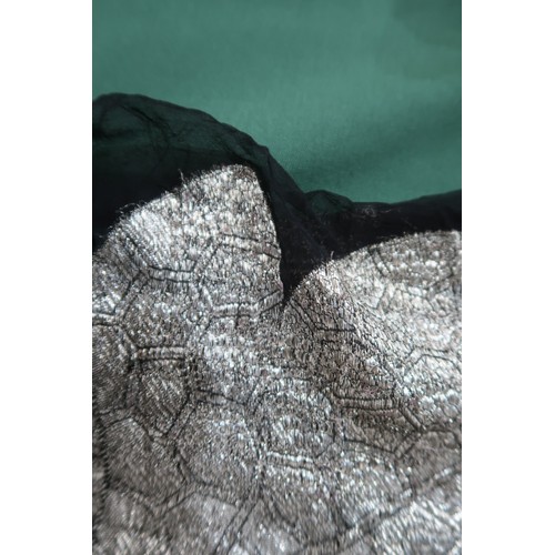 8020 - *Amended* A 1920s fur trimmed black cape by Reville London, a black shawl with silver lamé leaf-patt... 