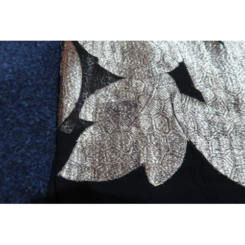 8020 - *Amended* A 1920s fur trimmed black cape by Reville London, a black shawl with silver lamé leaf-patt... 
