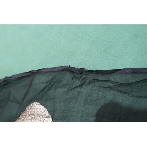8020 - *Amended* A 1920s fur trimmed black cape by Reville London, a black shawl with silver lamé leaf-patt... 