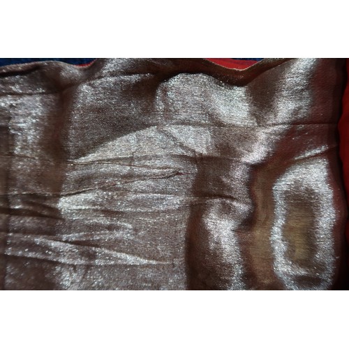 8020 - *Amended* A 1920s fur trimmed black cape by Reville London, a black shawl with silver lamé leaf-patt... 