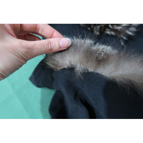 8020 - *Amended* A 1920s fur trimmed black cape by Reville London, a black shawl with silver lamé leaf-patt... 