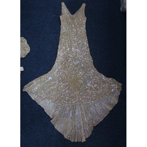 8011 - A 1930s mermaid dress embroidered with sequins in fish scale pattern with matching bolero and beltbu... 