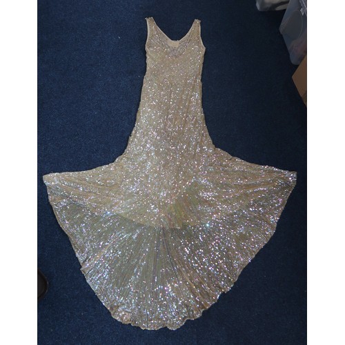8011 - A 1930s mermaid dress embroidered with sequins in fish scale pattern with matching bolero and beltbu... 