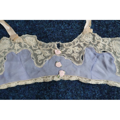 8017 - Vintage undergarments and nightwear comprising a yellow chiffon lace trimmed chemise and similar cam... 