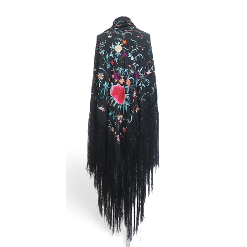 8002 - A Canton piano shawl embroidered with peonies and meandering stems on black ground