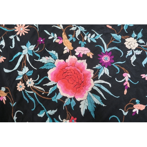8002 - A Canton piano shawl embroidered with peonies and meandering stems on black ground