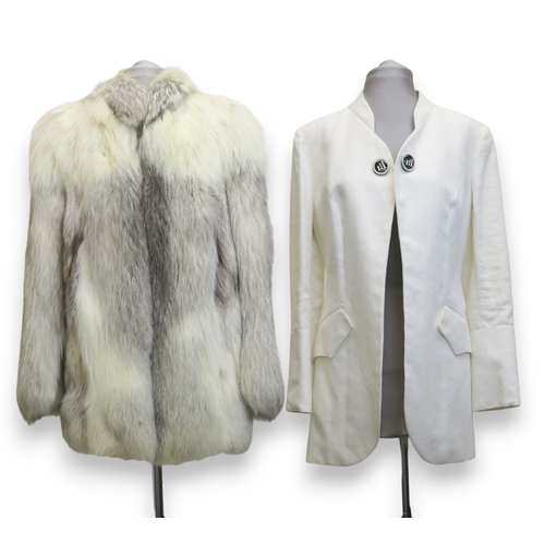 8017 - A white fur jacket and a Bazar de Christian Lacroix linen long jacket (2)