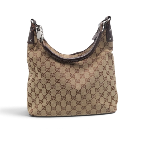 8029 - A Gucci GG shoulder bag in monogram jacquard canvas with brown leather trims and strap and silver-to... 