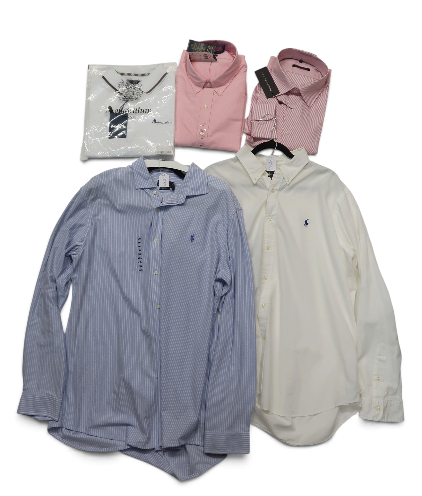 A collection of men's shirts comprising two by Ralph Lauren, one Polo ...