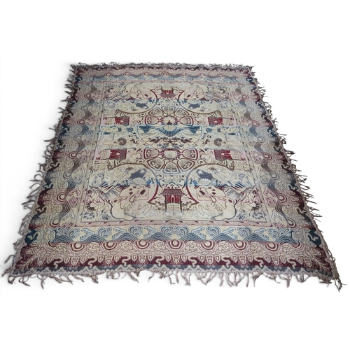 A brocade coverlet woven with vignettes of Japanese figures around a ...