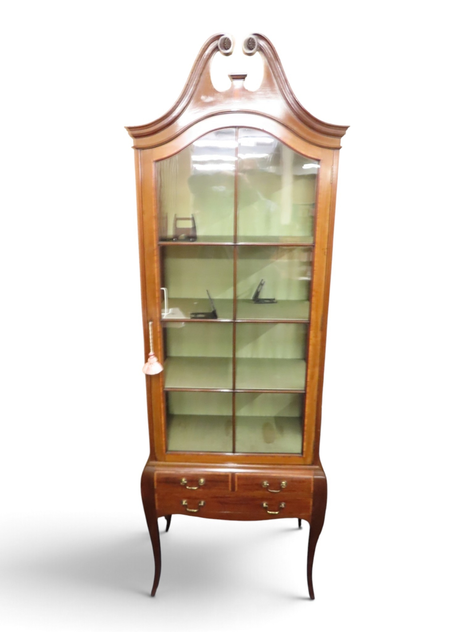 An Edwardian mahogany and satinwood inlaid narrow display cabinet with ...