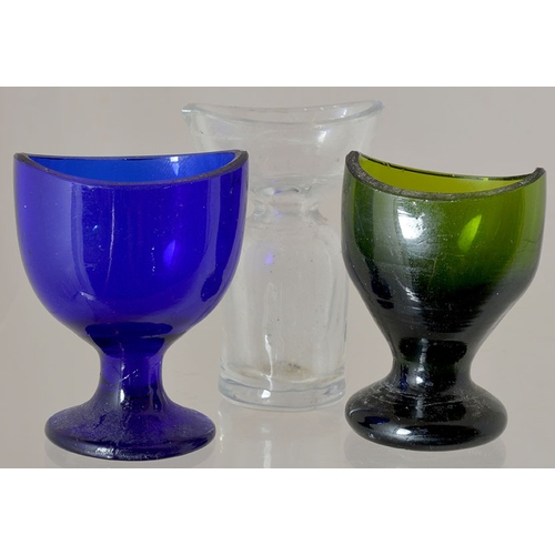 101 - EYEBATHS TRIO. Tallest 2.5ins, clear, green & cobalt blue glass variants. 2 pedestal type, 1 bottle ... 