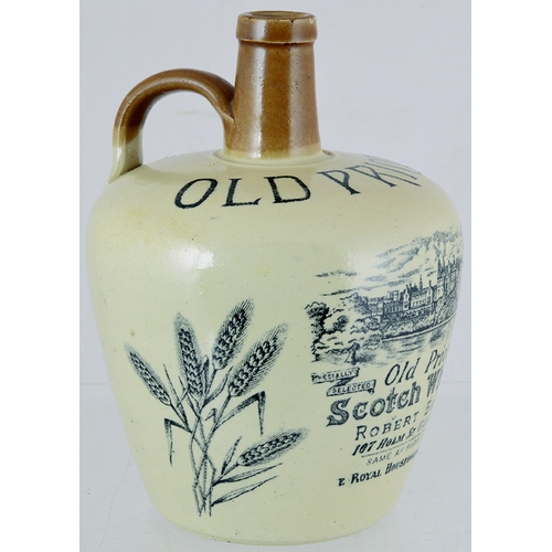 109 - OLD PRIORY WHISKY JUG. (WG pg 32) 8ins tall, tan top & handle, lower off white glaze. Detailed black... 