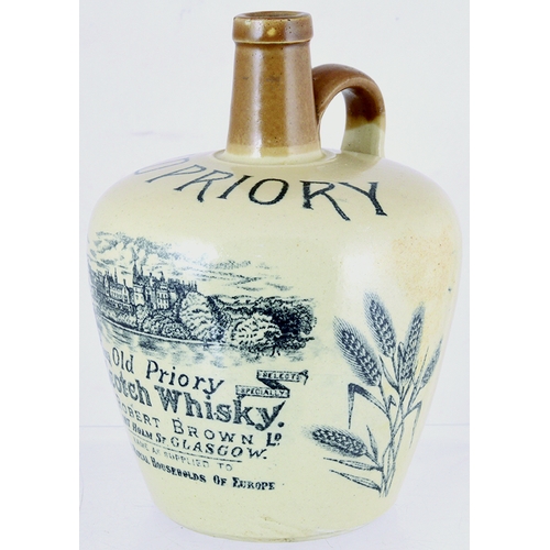 109 - OLD PRIORY WHISKY JUG. (WG pg 32) 8ins tall, tan top & handle, lower off white glaze. Detailed black... 