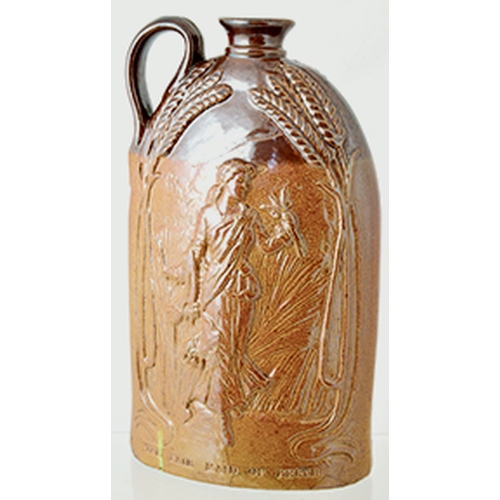 115 - DEWARS PERTH WHISKY FLAGON. 10ins tall, t.t., handled flagon. Sprig of gent holding umbrella & Dudle... 