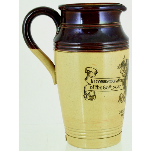 120 - NORWICH BULLARD & SONS LTD PUB JUG. 8.5ins tall, brown top, lower tan glaze. Black transfer IN COMME... 