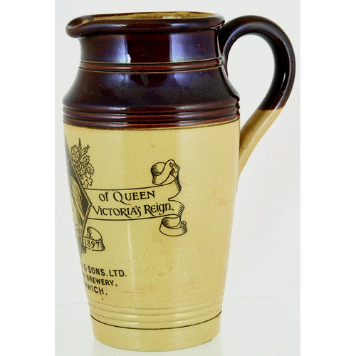 120 - NORWICH BULLARD & SONS LTD PUB JUG. 8.5ins tall, brown top, lower tan glaze. Black transfer IN COMME... 