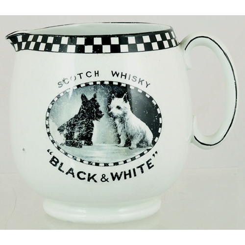 124 - BLACK & WHITE SCOTCH WHISKY PUB JUG. 5ins tall, white glaze with black & white chequered decoration ... 