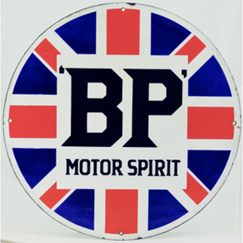 141 - BP ENAMEL SIGN. 14.5ins diam, circular shaped enamel sign for BP/ MOTOR SPIRIT in black lettering on... 