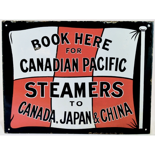 142 - CANADIAN PACIFIC ENAMEL SIGN. 17 x 13ins, chequered flag style in red white & black. BOOK HERE/ FOR/... 