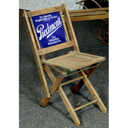 143 - TOBACCO ADVERTISING ENAMEL BACKED CHAIR. Wooden construction with double sided enamel back FOR CIGAR... 