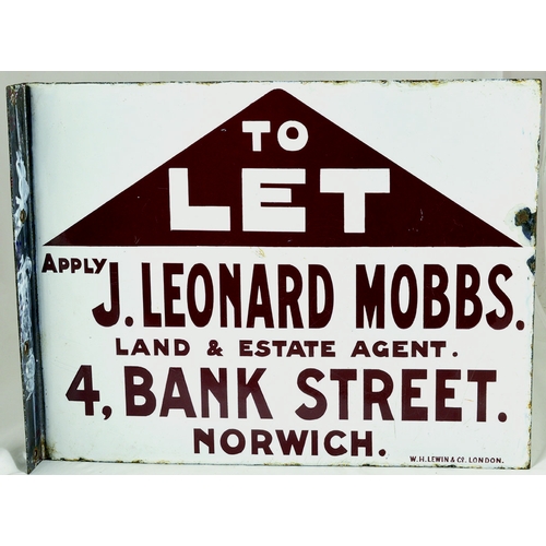 145 - NORWICH DOUBLE SIDED ESTATE AGENT ENAMEL SIGN. 18 x 14ins, white background & brown lettering both s... 