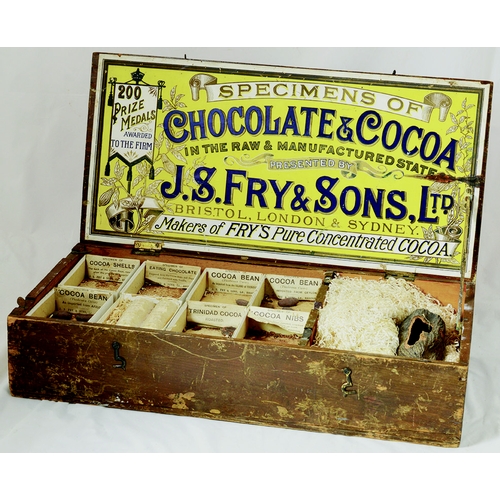 146 - J S FRY CHOCOLATE & COCOA SPECIMEN BOX. Wooden lidded box 18 x 9 x 4ins. Main tray bodymade up of ca... 