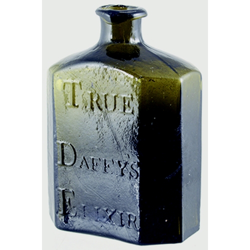 147 - DAFFYS ELIXIR BOTTLE. 4.5ins tall, very dark green glass, 2 piece mould, tooled lip, cross hinged ba... 