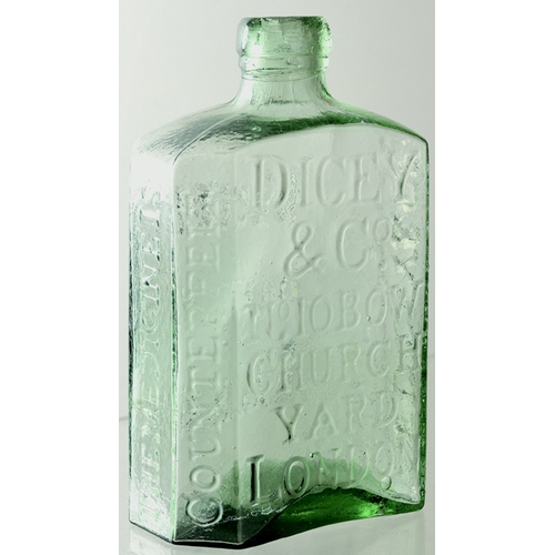 148 - DAFFYS ELXIR BOTTLE. 4.5ins tall, aqua glass, 2 piece mould delightful small & curvaceous, applied l... 