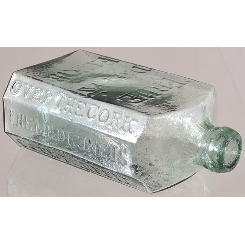 148 - DAFFYS ELXIR BOTTLE. 4.5ins tall, aqua glass, 2 piece mould delightful small & curvaceous, applied l... 