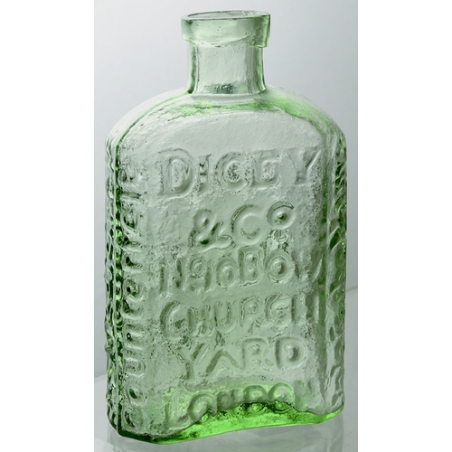 149 - DAFFYS ELIXIR BOTTLE. 4.75ins tall, aqua glass, 2 piece mould, applied lip & cross hinged base ponti... 