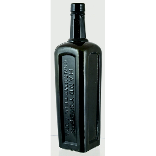 151 - HANDYSIDES CONSUMPTION CURE BOTTLE. 8.25ins tall, black glass sauce bottle shape. Double collar lip,... 